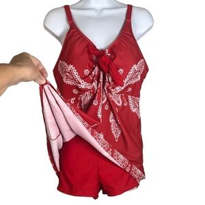 Plus Size Red/White Retro Print Fashion Pin Up Swimsuit Set Size 3XL NWOT